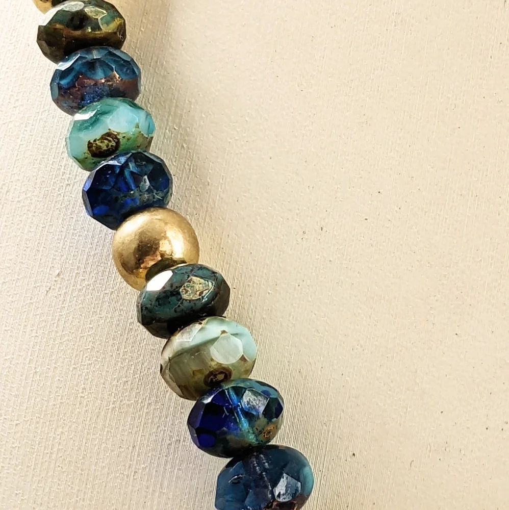 Blue Glass & Crystal Beads & White Freshwater Pearls In Assymetrical Necklace